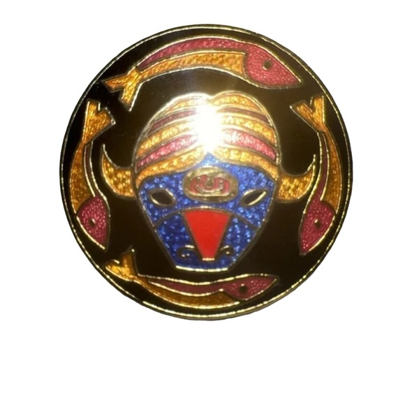 80s B Lavallee Multicolor Enamel Muskox Head Swimming Fish Brooch Inuit Inspired - Picture 2 of 5